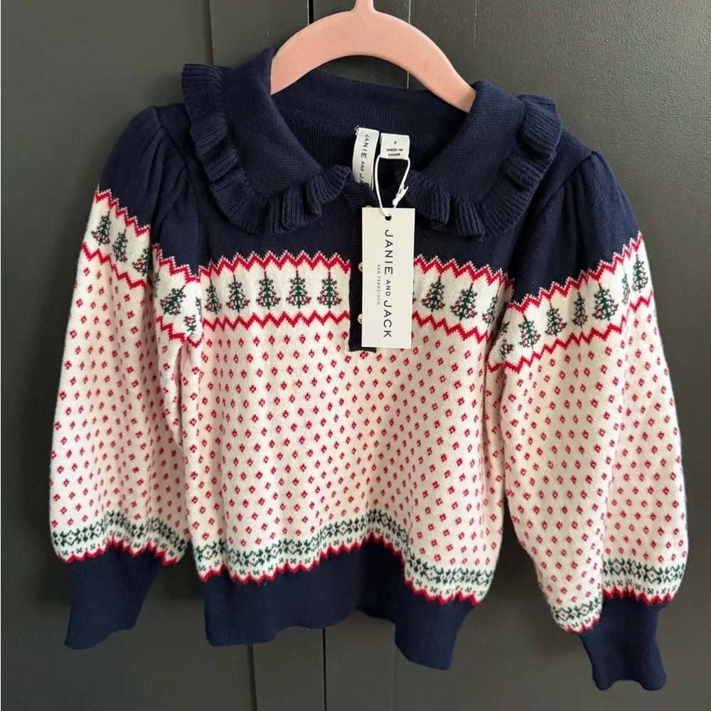 Janie and Jack | Navy Ruffle Collar Sweater w/ Gold Buttons & Puff Sleeve | 4
